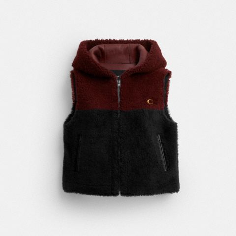 Женский жилет Coach Boxy Shearling Vest With Hood, цвет: Тёмно-синий разноцветный