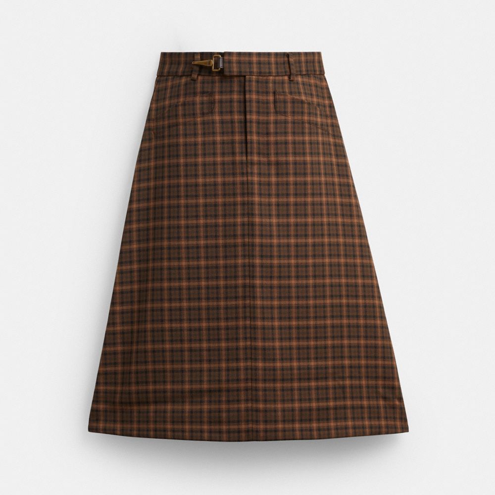 COACH®,Yarn Dye A-Line Skirt,Viscose,Polyester,Recycled Polyester,Leather,A-Line,Work,Brown,Front View
