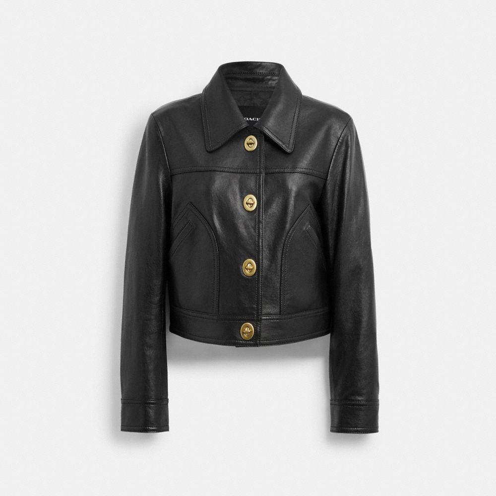 COACH®,Shrunken Leather Jacket With Turnlocks,Black,Front View