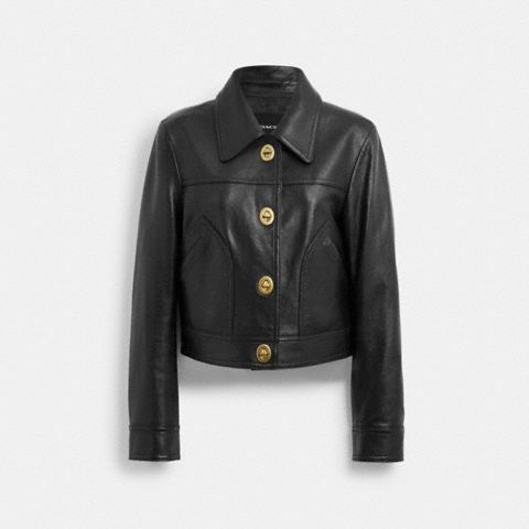 Женская куртка Coach Shrunken Leather Jacket With Turnlocks, цвет: Чёрный