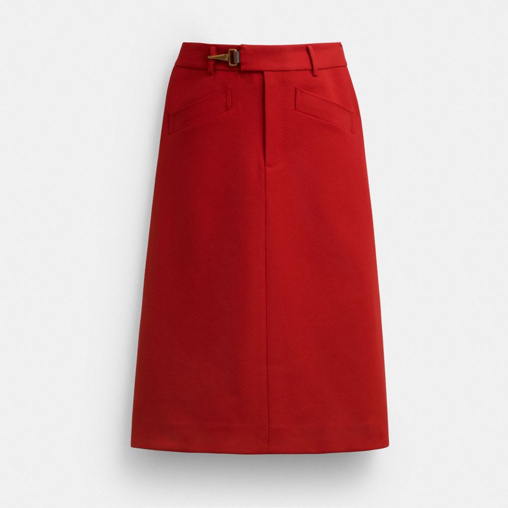 COACH®,Solid A-Line Skirt,Leather,Viscose,Recycled Polyester,Polyester,A-Line,Lined,Casual,Red,Front View