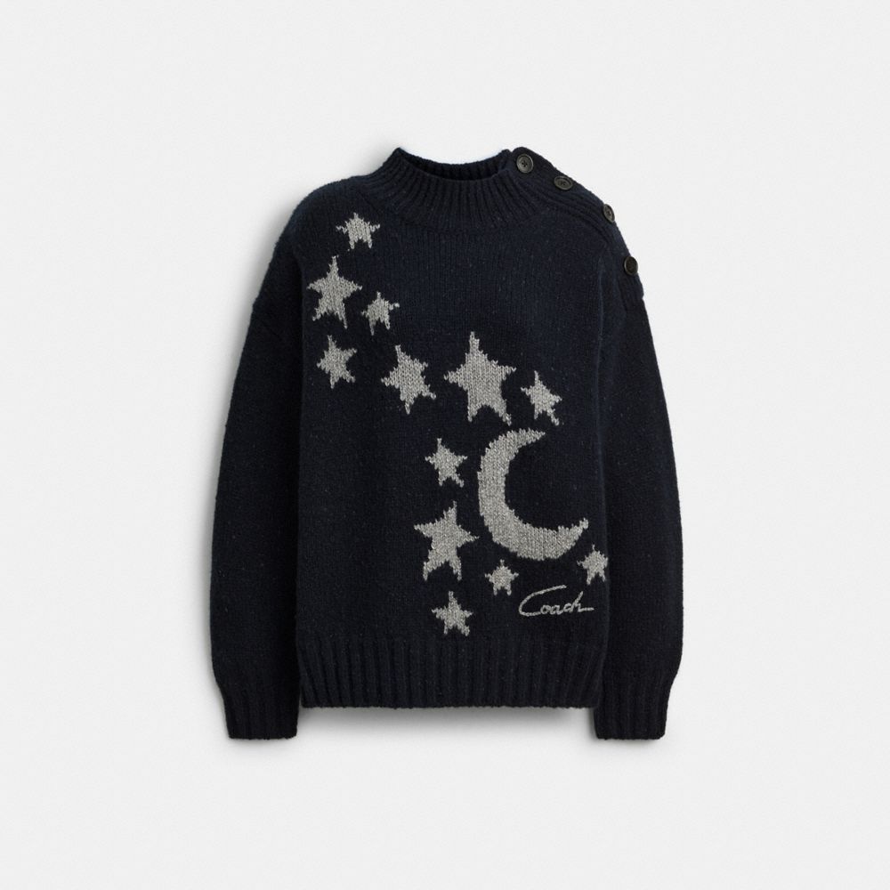 COACH®,Stars And Moon Intarsia Crewneck Sweater,Black,Front View