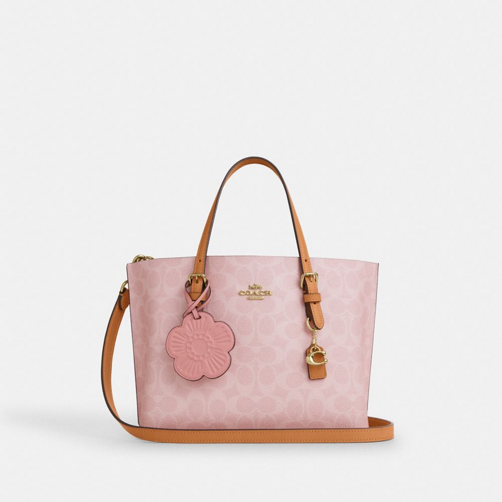COACH®,Mollie Tote Bag 25 In Signature Canvas With Charms,Recycled Polyester,Canvas,Leather,Tote,Metal,Logo,Pendant,Lined,...,Pink,Front View