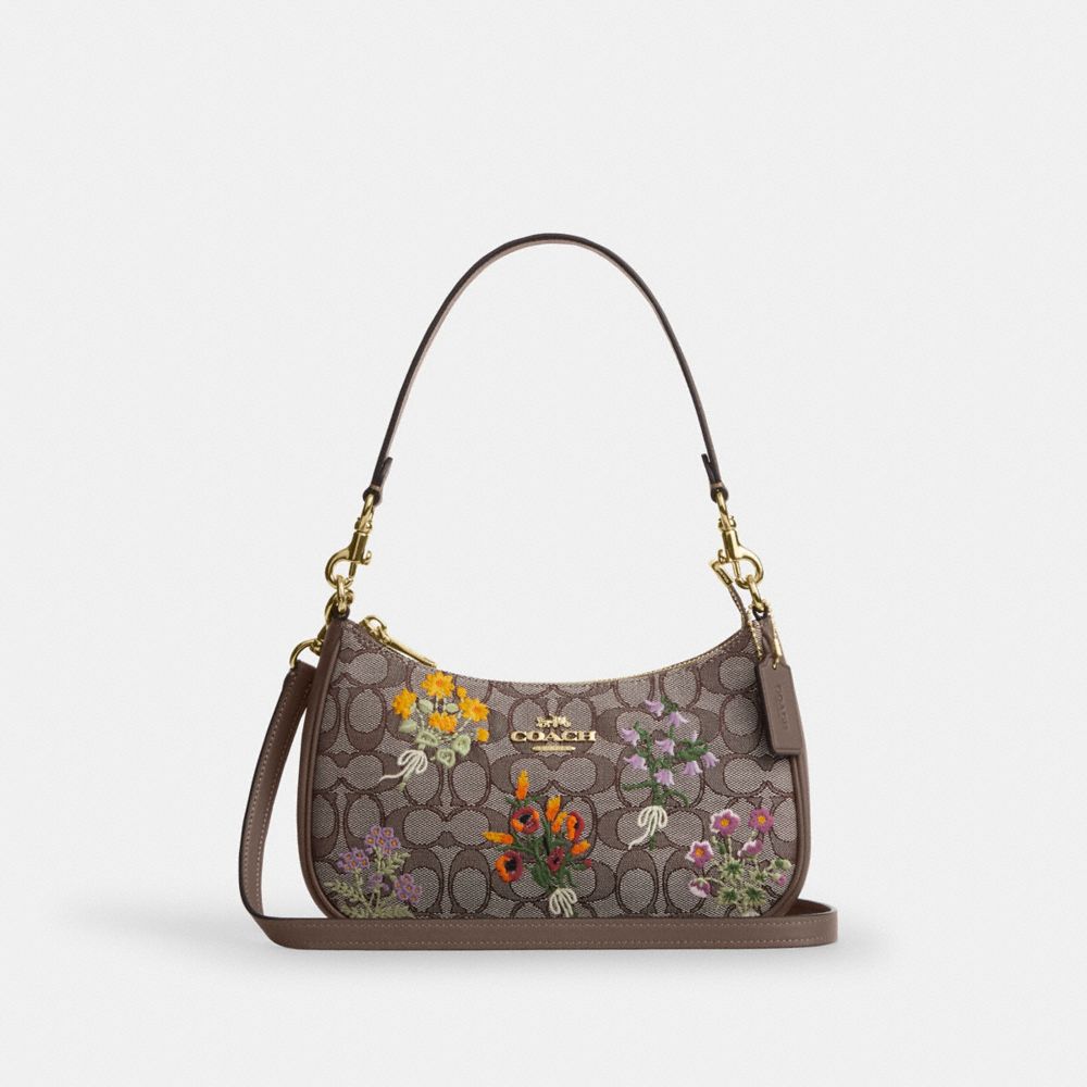 COACH®,Teri Shoulder Bag In Signature Jacquard With Floral Embroidery,,Front View