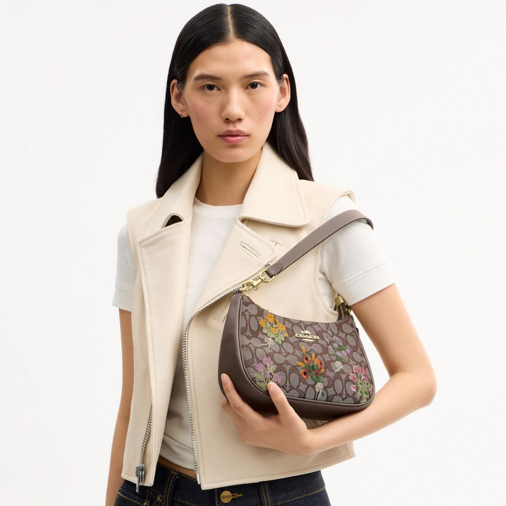 COACH®,Teri Shoulder Bag In Signature Jacquard With Floral Embroidery,,Detail View