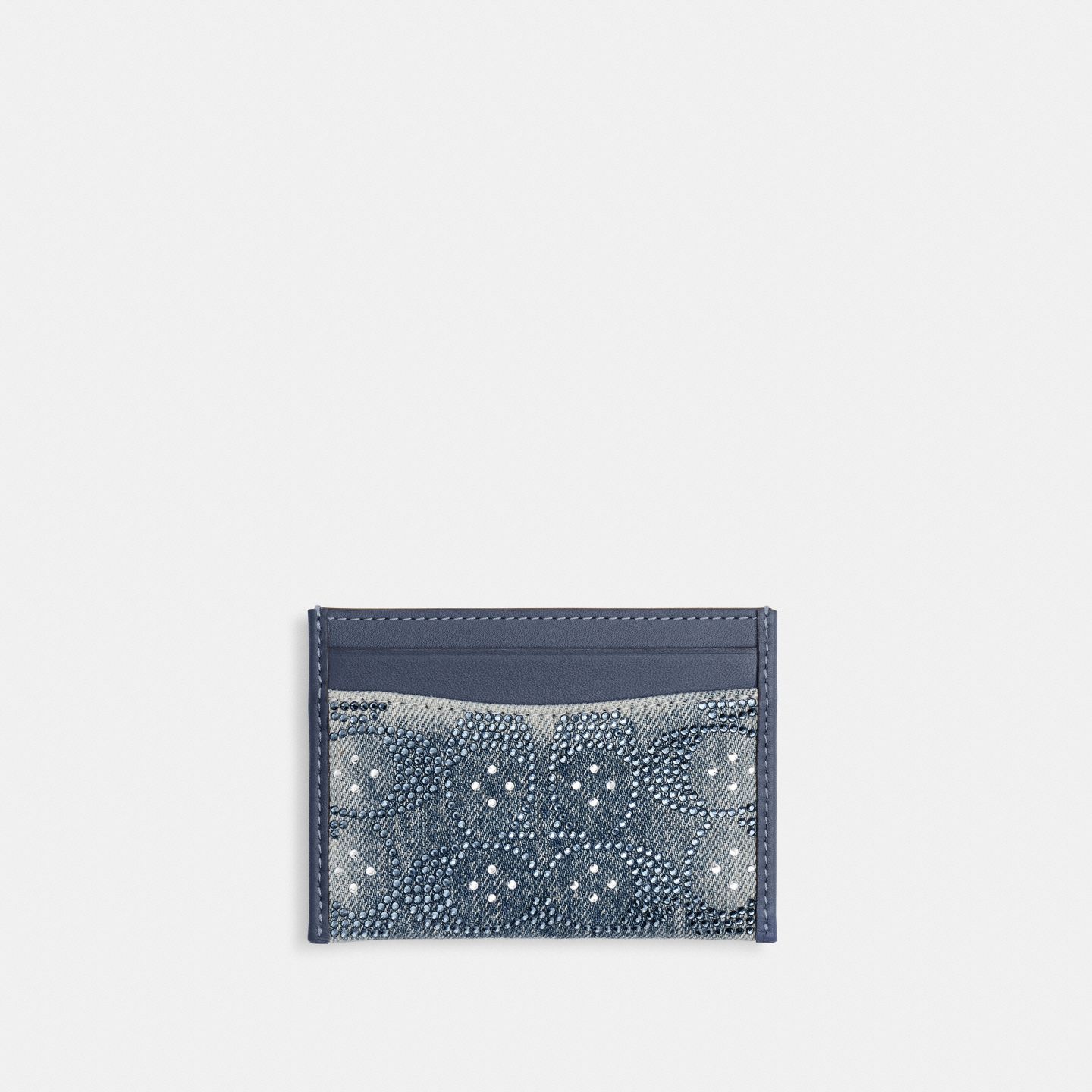 Женский кошелёк Coach Essential Card Case In Regenerative Cotton Denim With Crystal Signature, цвет: Латунный / Джинсовый — фото 1