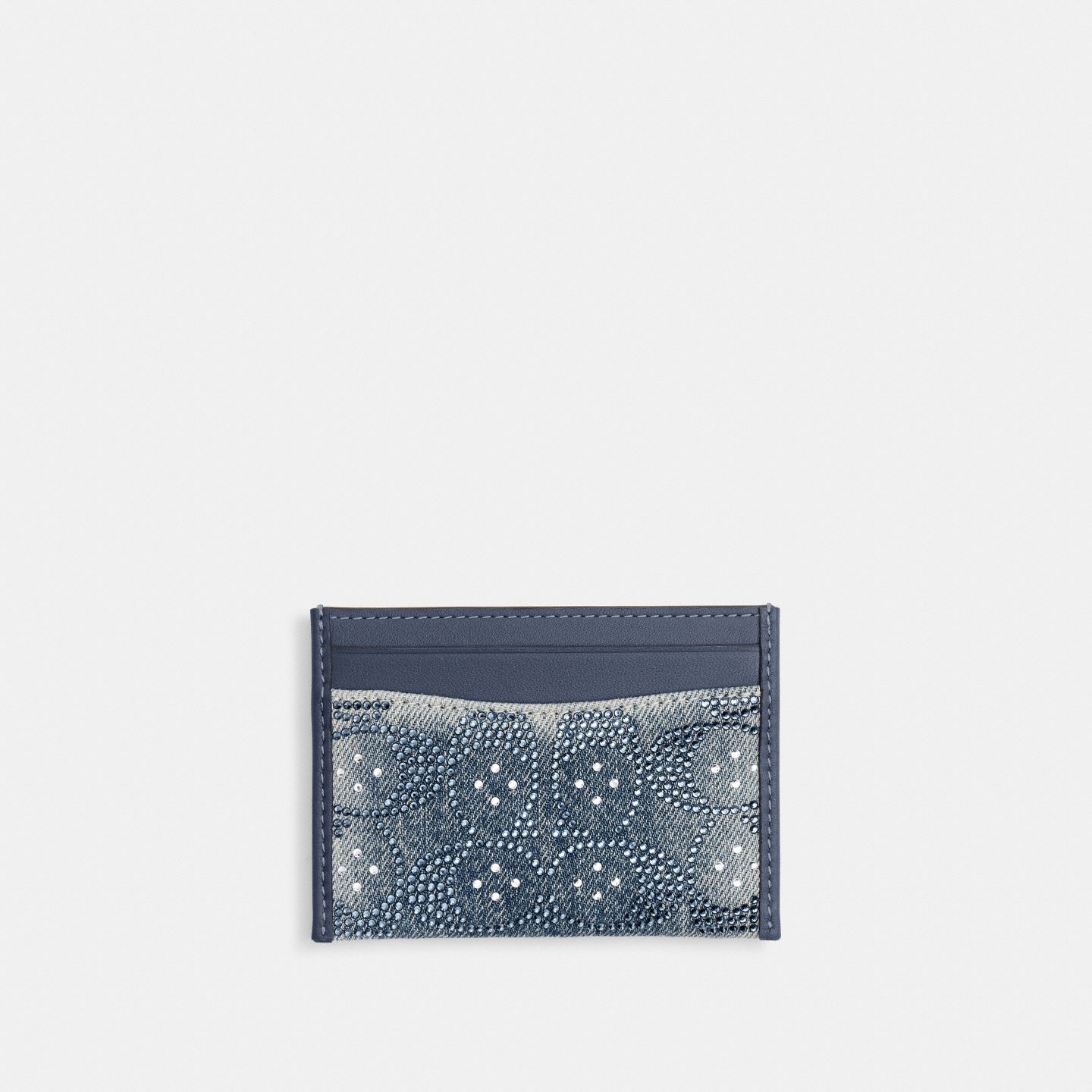 Женский кошелёк Coach Essential Card Case In Regenerative Cotton Denim With Crystal Signature, цвет: Латунный / Джинсовый — фото 2