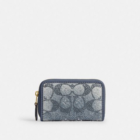Женские кошельки Coach Essential Small Zip Around Card Case In Regenerative Cotton Denim With Crystal Signature