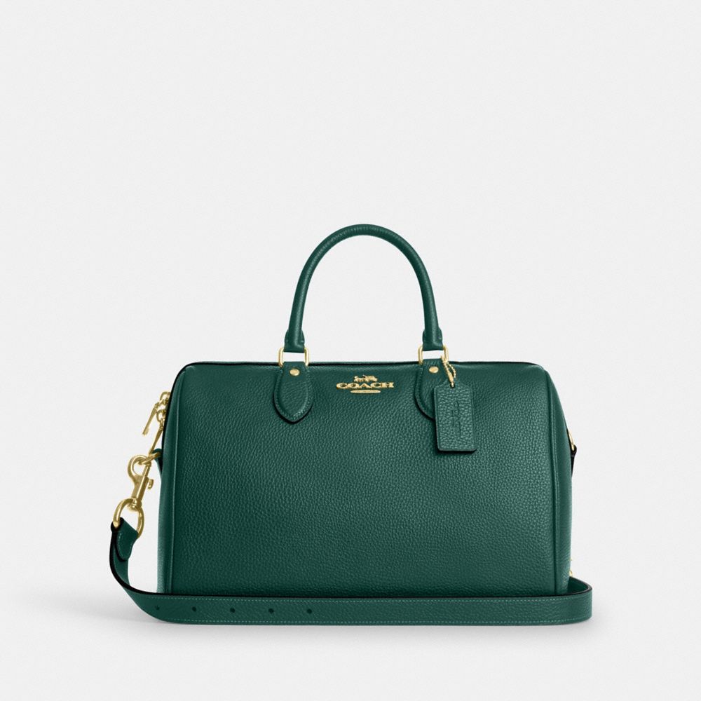 COACH®,Rowan Large Satchel Bag,Leather,Satchel,Logo,Gold Metal,Formal,Work,Green,Front View