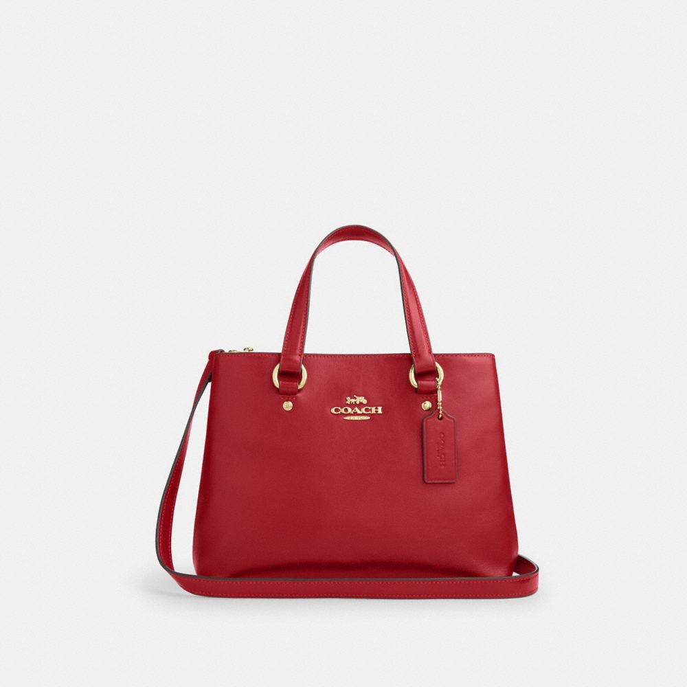 COACH®,Station Carryall Bag,Recycled Polyester,Leather,Tote,Logo,Adjustable,Gold Metal,Work,Red,Front View