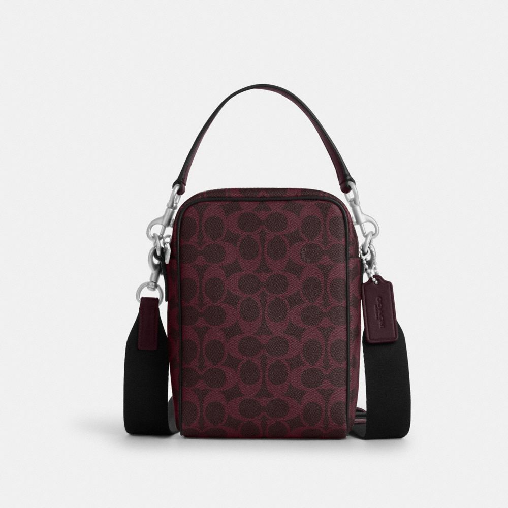 COACH®,Tristan Crossbody Bag 14 In Signature Canvas,Recycled Polyester,Canvas,Leather,Crossbody,Logo,Adjustable,Sustainable,C,Maroon,Front View