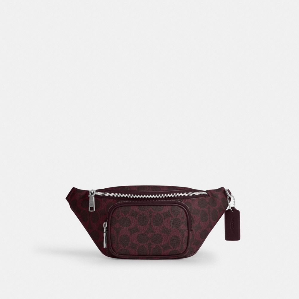 COACH®,Travis Belt Bag 30 In Signature Canvas,Leather,Recycled Polyester,Canvas,Belt Bag,Logo,Adjustable,Gunmetal,Casual,Maroon,Front View