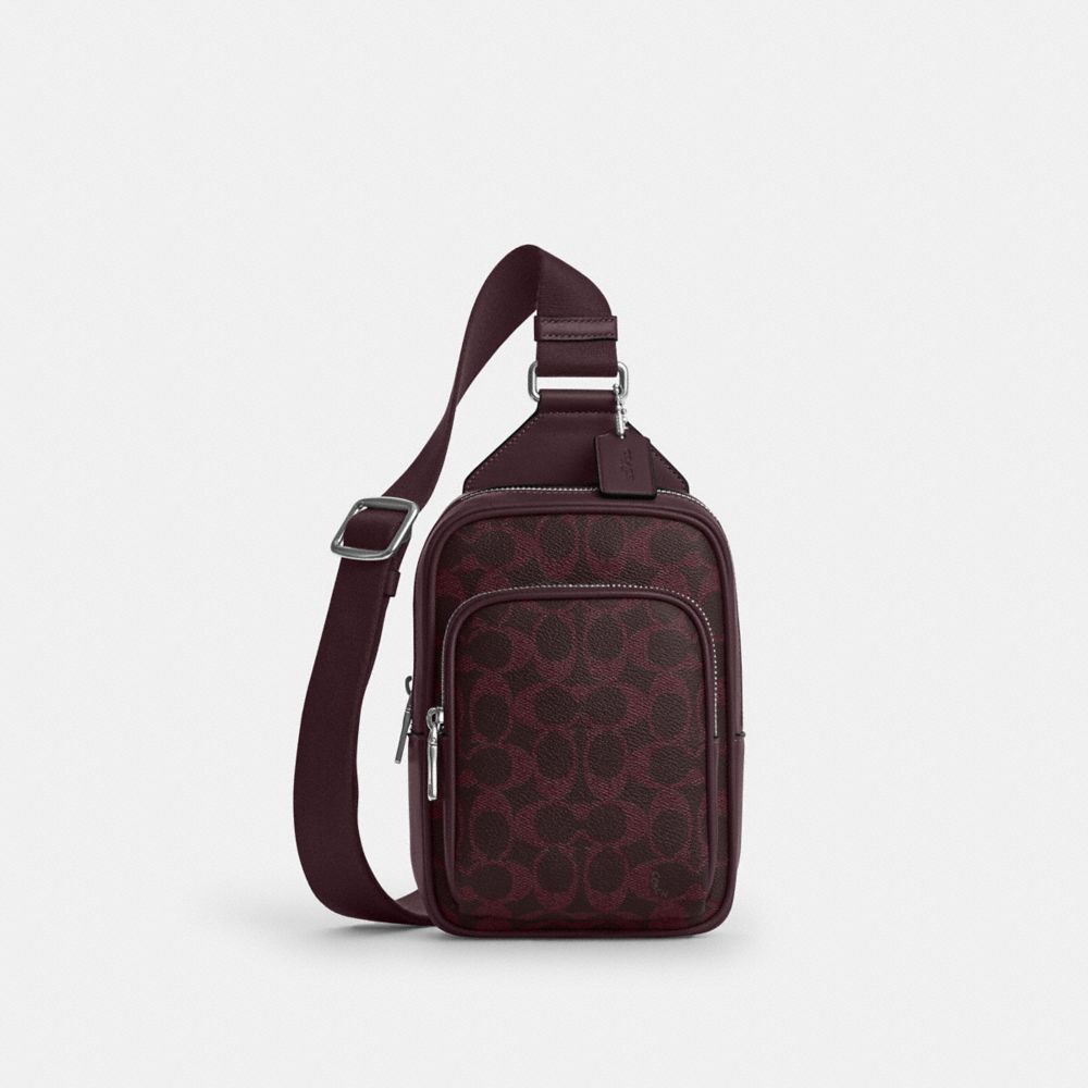 COACH®,Racer Sling Pack In Signature Canvas,Canvas,Recycled Polyester,Leather,Slingback,Metal Material,Logo,Adjustable,Sustai,Maroon,Front View