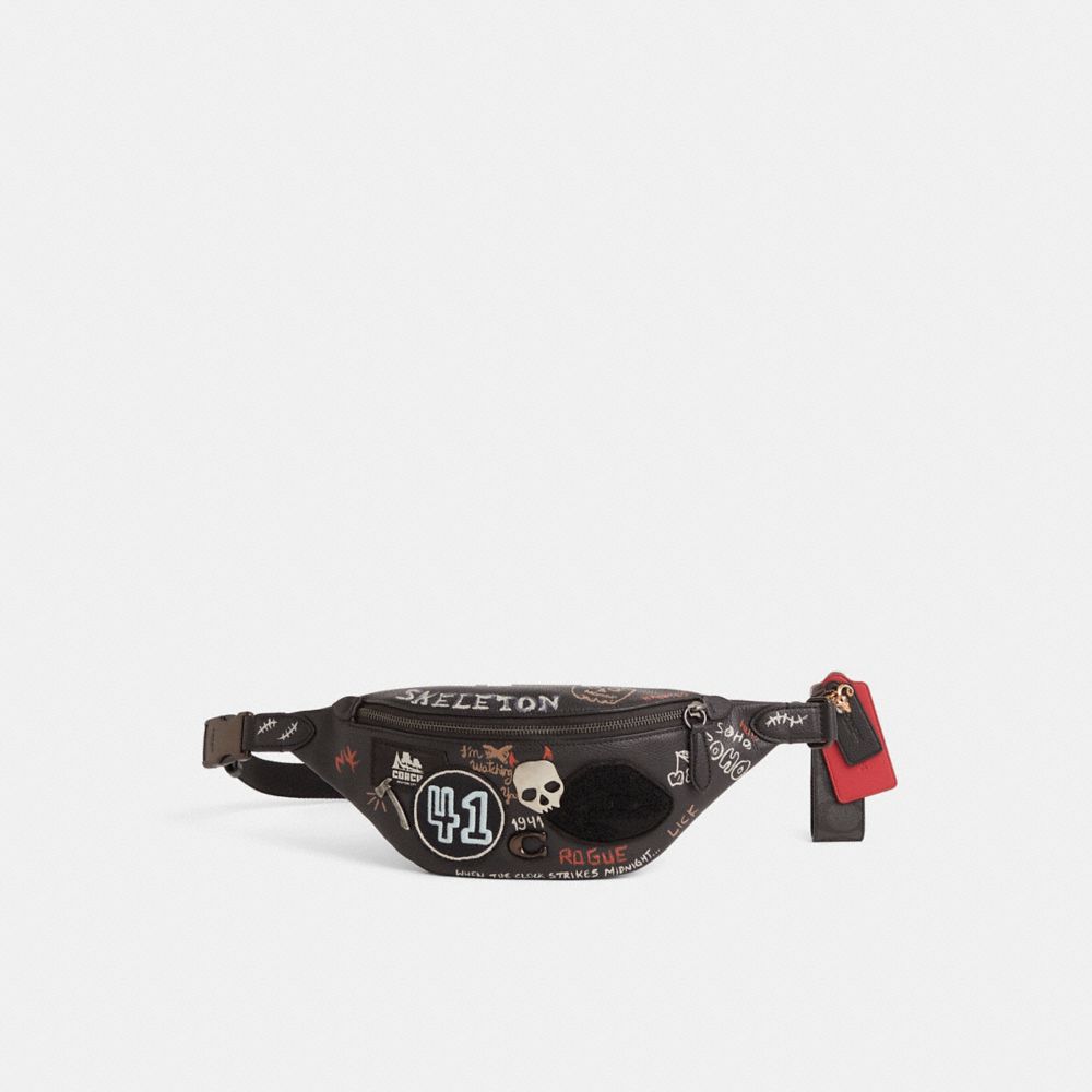 COACH®,Upcrafted Charter Belt Bag 7,Leather,Lining Polyester,Belt Bag,Plastic,Applique,Metal,Pendant,Sustainable,Silver Me...,Black,Front View