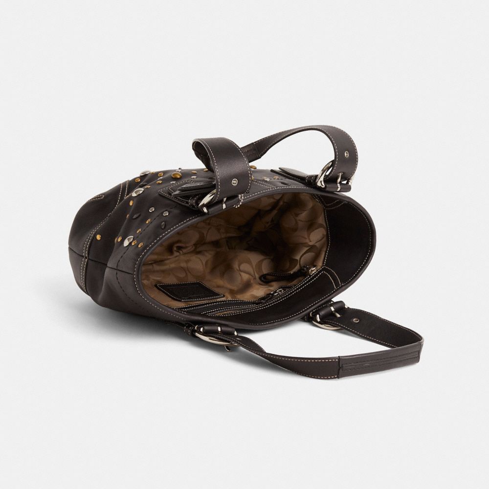 COACH®,Upcrafted Vintage Coach Soho Tote,Leather,Tote,Metal Material,Embellished,Pendant,Stitching,Studded,Sustainable,Adj...,Brown,Inside View,Top View