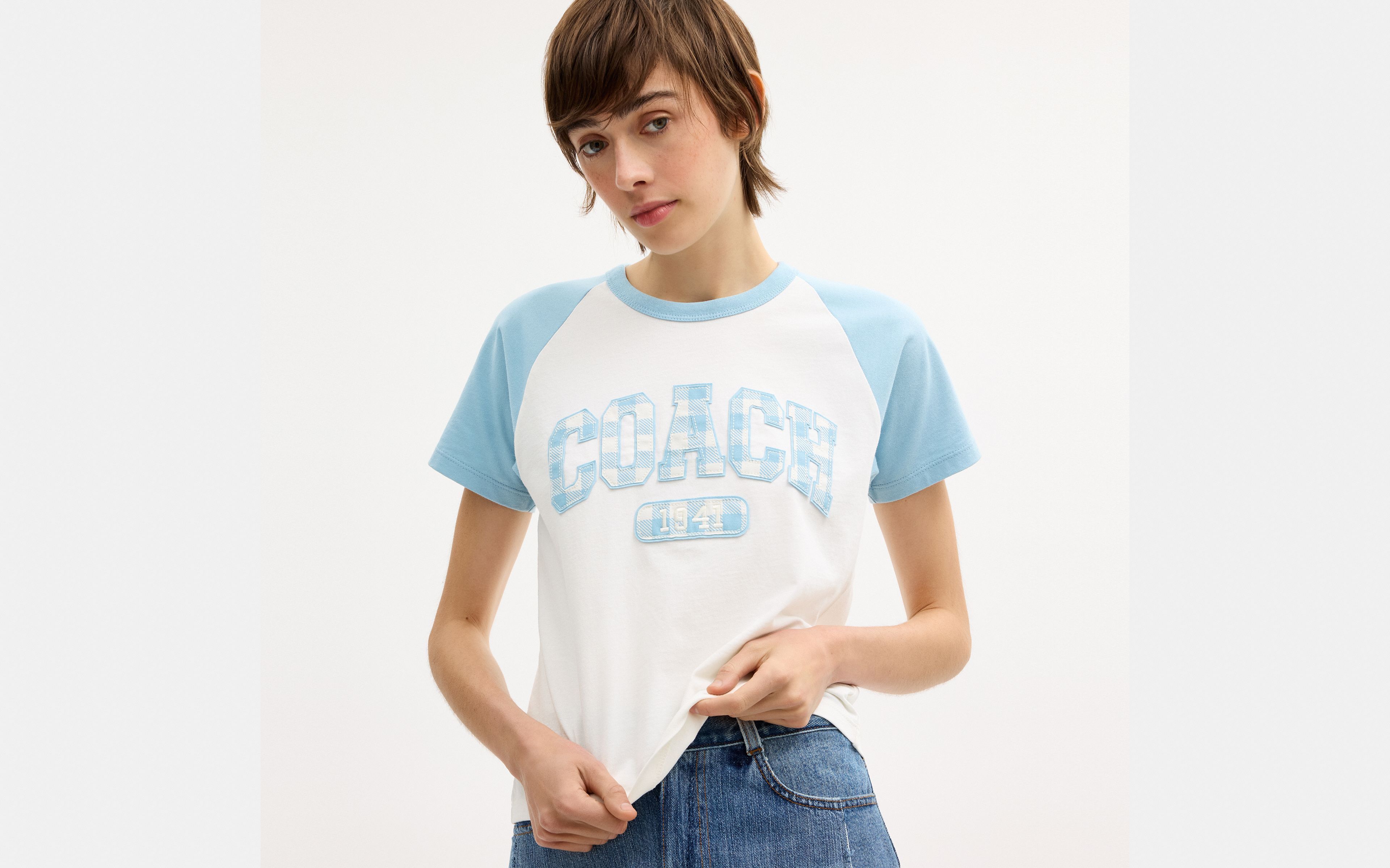 Gingham Sporty Raglan T-Shirt Organic Cotton