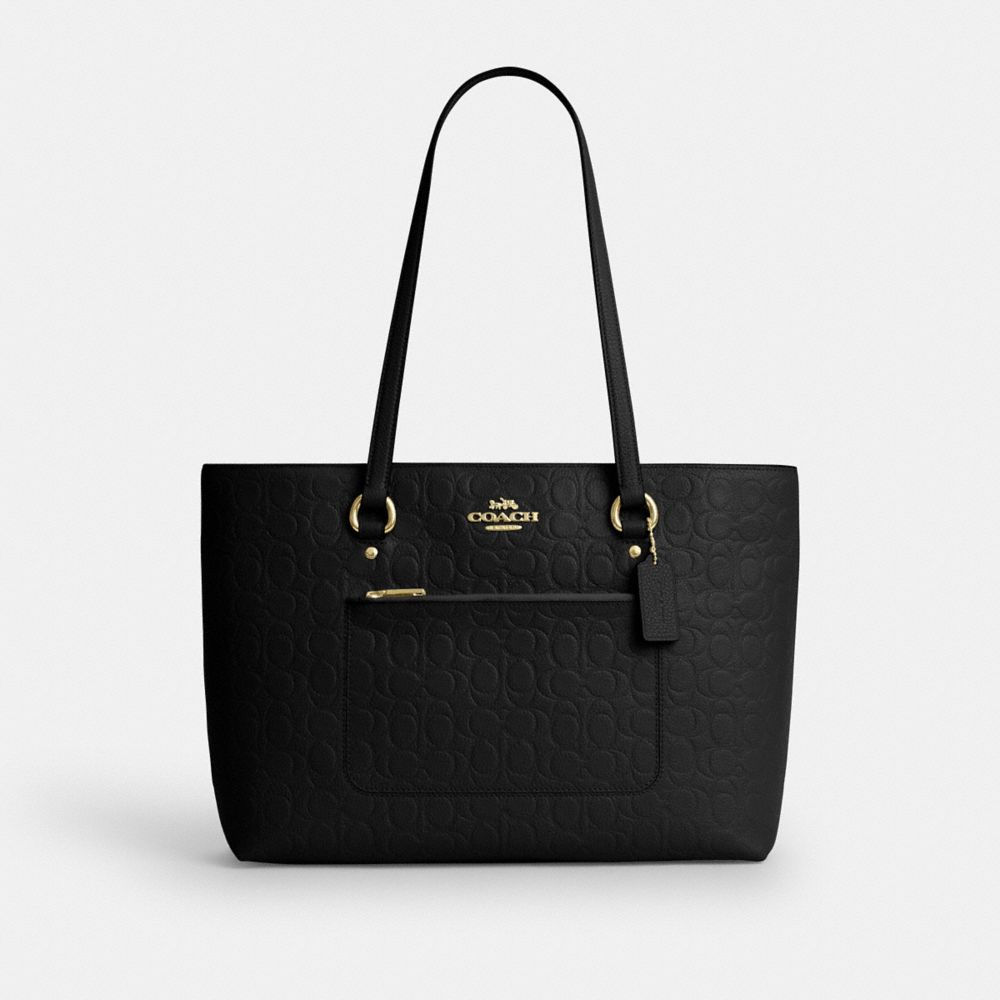 COACH®,CABAS STATION EN CUIR EXCLUSIF,Cuir galet,Doré/Noir,Front View