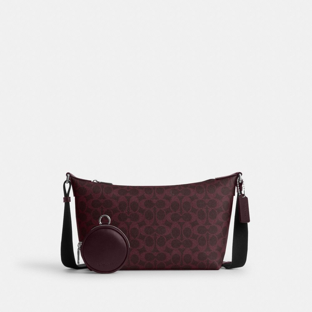COACH®,Small Finn Crossbody Bag With Pouch In Signature Canvas,Leather,Canvas,Recycled Polyester,Crossbody,Adjustable,Silver,Maroon,Front View