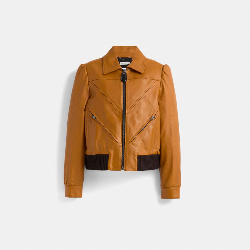 COACH®,Restored Leather Tailored Bomber Jacket With Piecing,,Front View