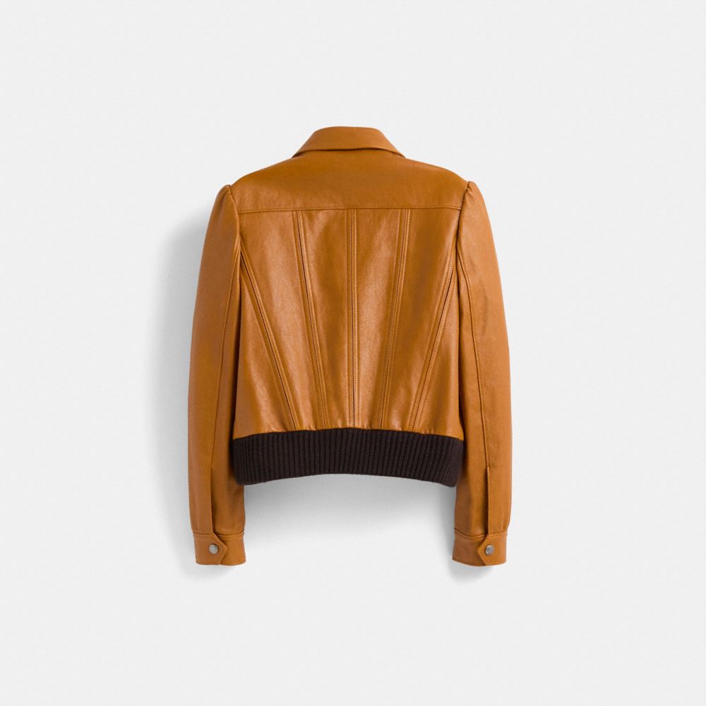 COACH®,Restored Leather Tailored Bomber Jacket With Piecing,,Back View