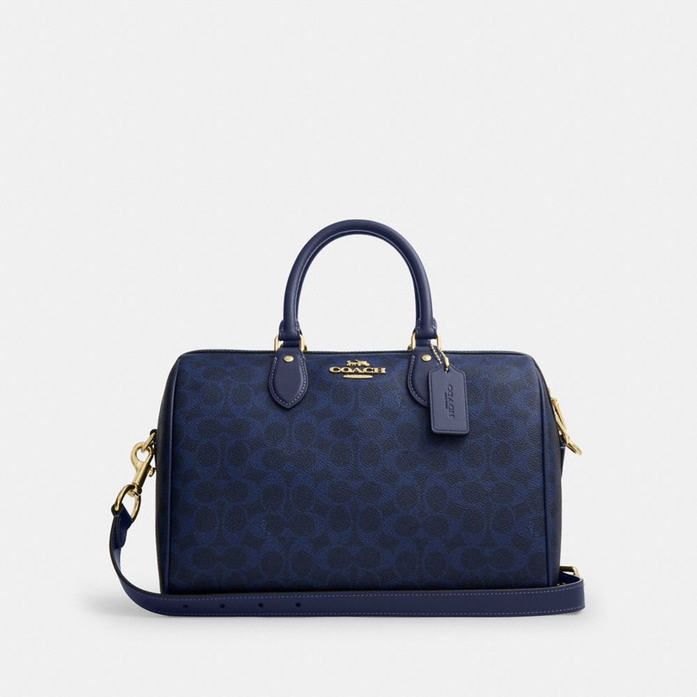 COACH®,Rowan Large Satchel Bag In Signature Canvas,Canvas,Recycled Polyester,Leather,Polyester,Satchel,Logo,Adjustable,Sustai,Navy,Front View