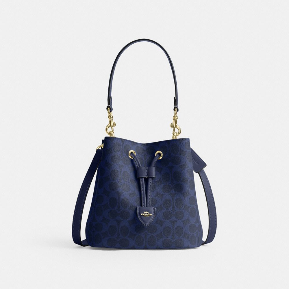 COACH®,Rowan Bucket Bag In Signature Canvas,Leather,Recycled Polyester,Canvas,Polyester,Bucket,Logo,Drawstring,Metal,Set,Adju,Navy,Front View