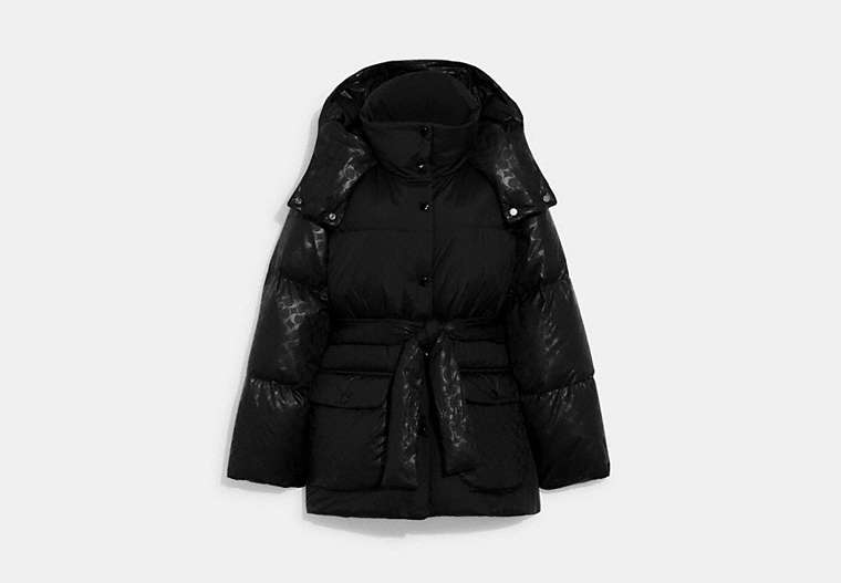 COACH®,SIGNATURE DETAILS BELTED PUFFER,Polyamide,Black,Front View