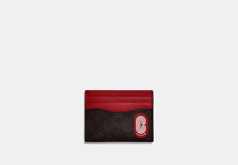COACH®,SLIM ID CARD CASE IN COLORBLOCK SIGNATURE CANVAS WITH COACH PATCH,Signature Coated Canvas,Gunmetal/Mahogany/Bright Cardinal,Front View