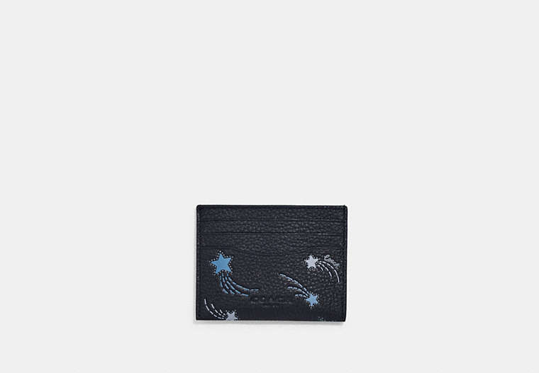 COACH®,SLIM ID CARD CASE WITH SHOOTING STAR PRINT,Refined Pebble Leather,Black Antique Nickel/Black/Midnight,Front View