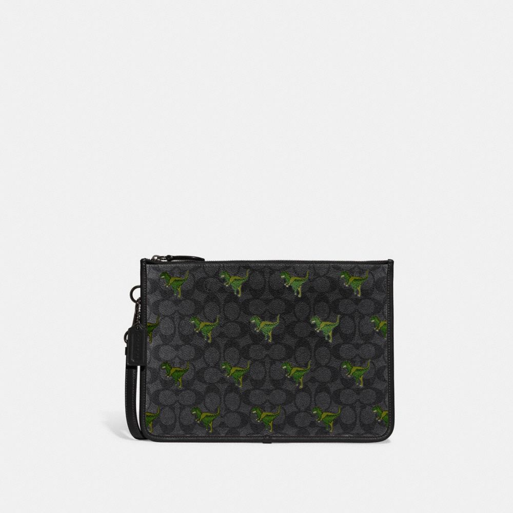 COACH®,CHARTER POUCH IN SIGNATURE CANVAS WITH REXY PRINT,Signature Coated Canvas,Charcoal/Black,Front View image number 0