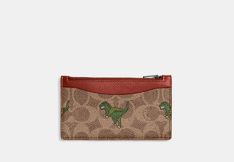 COACH®,ZIP CARD CASE IN SIGNATURE CANVAS WITH REXY PRINT,Signature Coated Canvas,Tan/Rust,Front View