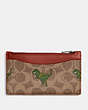 COACH®,ZIP CARD CASE IN SIGNATURE CANVAS WITH REXY PRINT,Signature Coated Canvas,Tan/Rust,Front View