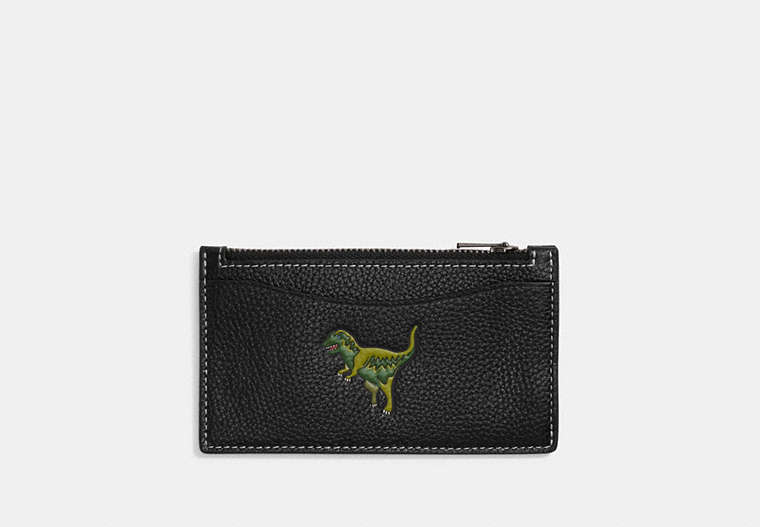 COACH®,ZIP CARD CASE WITH REXY,Polished Pebble Leather,Black,Front View