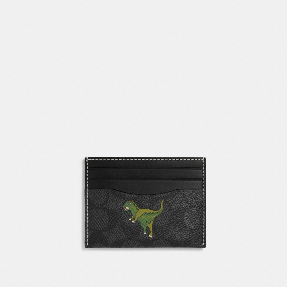 COACH®,CARD CASE IN SIGNATURE CANVAS WITH REXY PRINT,Signature Coated Canvas,Charcoal/Black,Front View