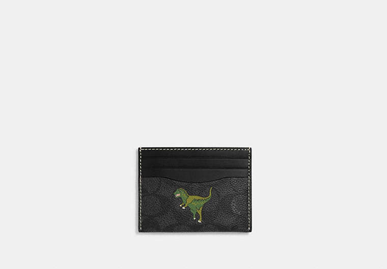 COACH®,CARD CASE IN SIGNATURE CANVAS WITH REXY PRINT,Signature Coated Canvas,Charcoal/Black,Front View