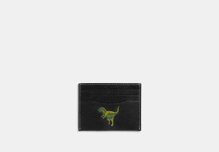 COACH®,CARD CASE WITH REXY,Polished Pebble Leather,Black,Front View