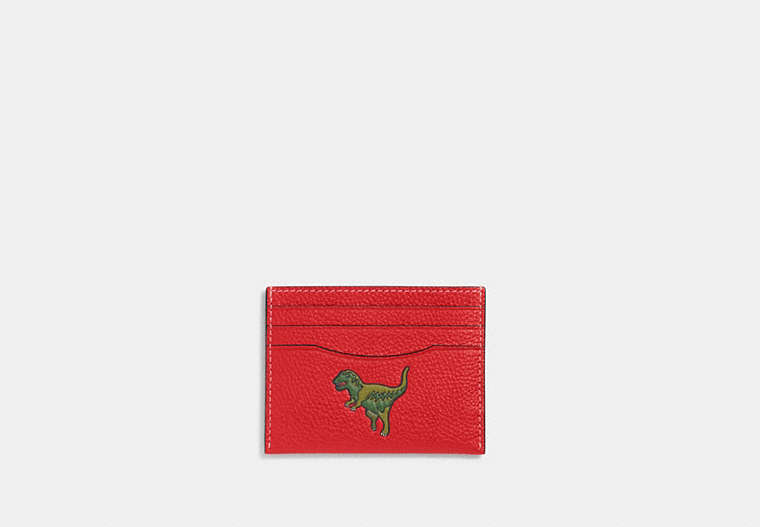 COACH®,CARD CASE WITH REXY,Polished Pebble Leather,Sport Red,Front View