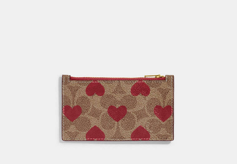 COACH®,ZIP CARD CASE IN SIGNATURE CANVAS WITH HEART PRINT,Signature Coated Canvas,Tan Multi,Front View