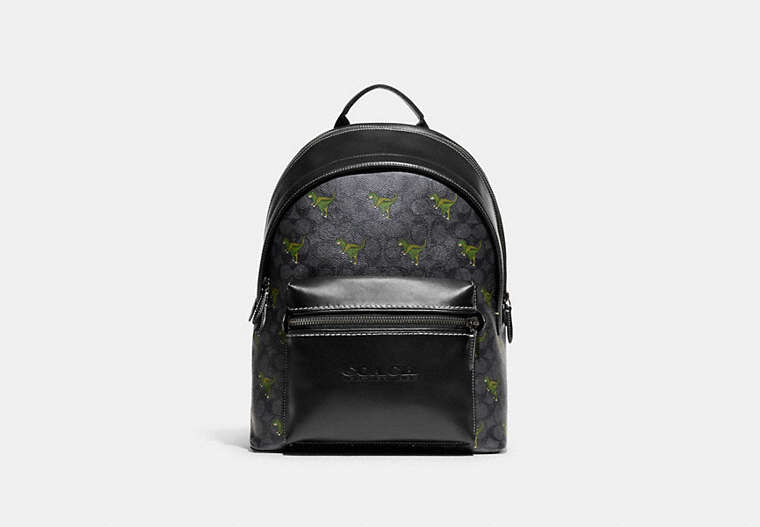 COACH®,CHARTER BACKPACK IN SIGNATURE CANVAS WITH REXY PRINT,canvas,Rexy,Charcoal,Front View