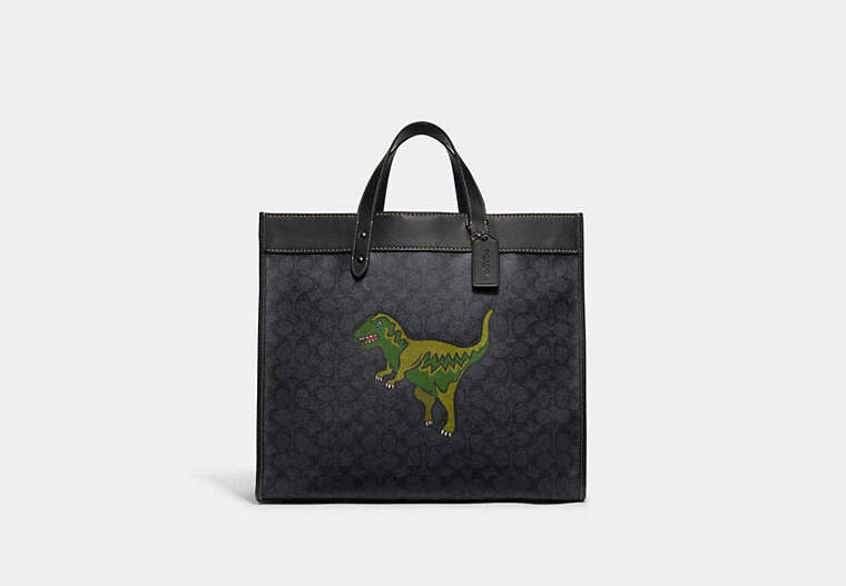 COACH®,FIELD TOTE 40 IN SIGNATURE CANVAS WITH REXY,canvas,X-Large,Rexy,Charcoal,Front View