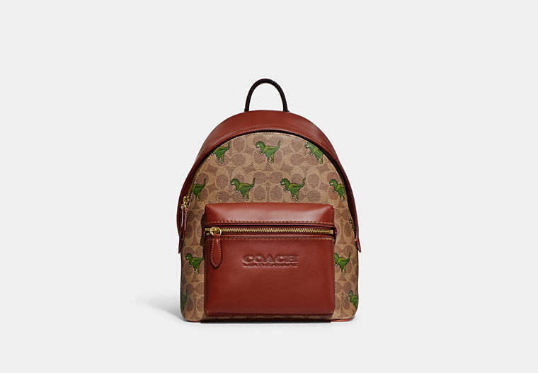 COACH®,CHARTER BACKPACK 24 IN SIGNATURE CANVAS WITH REXY PRINT,canvas,Medium,Brass/Khaki/Rust,Front View