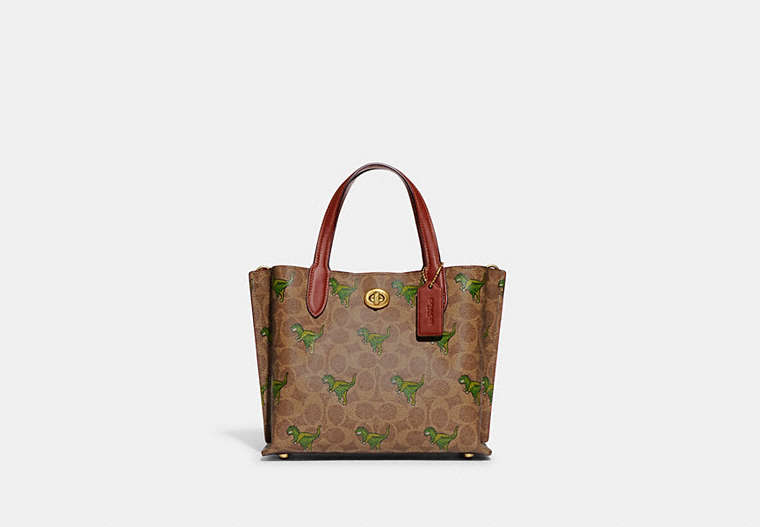 COACH®,WILLOW TOTE 24 IN SIGNATURE CANVAS WITH REXY PRINT,Signature Coated Canvas,Medium,Brass/Khaki/Rust,Front View