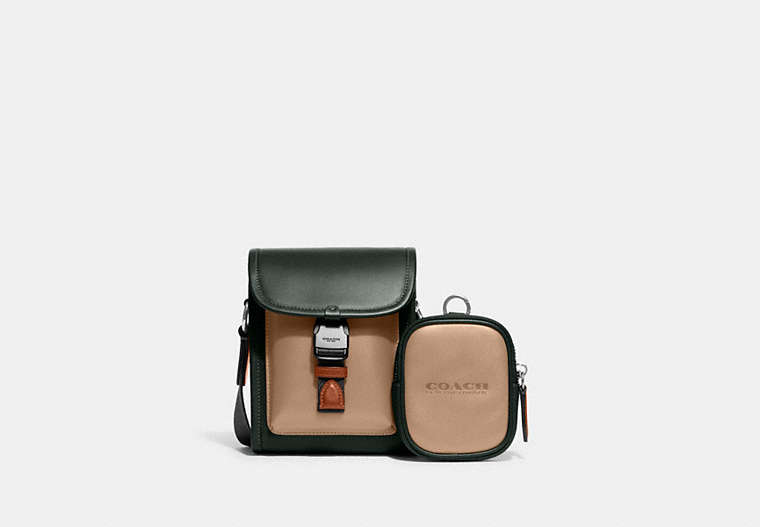COACH®,CHARTER NORTH/SOUTH CROSSBODY WITH HYBRID POUCH IN COLORBLOCK,Refined Calf Leather,Mini,Amazon Green/Taupe,Front View