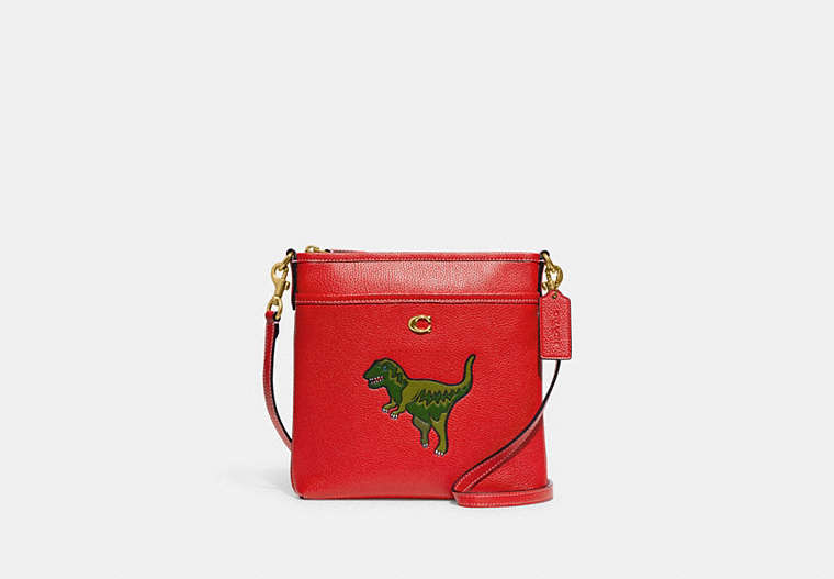 COACH®,KITT MESSENGER CROSSBODY BAG WITH REXY,Refined Pebble Leather,Small,Brass/Sport Red,Front View