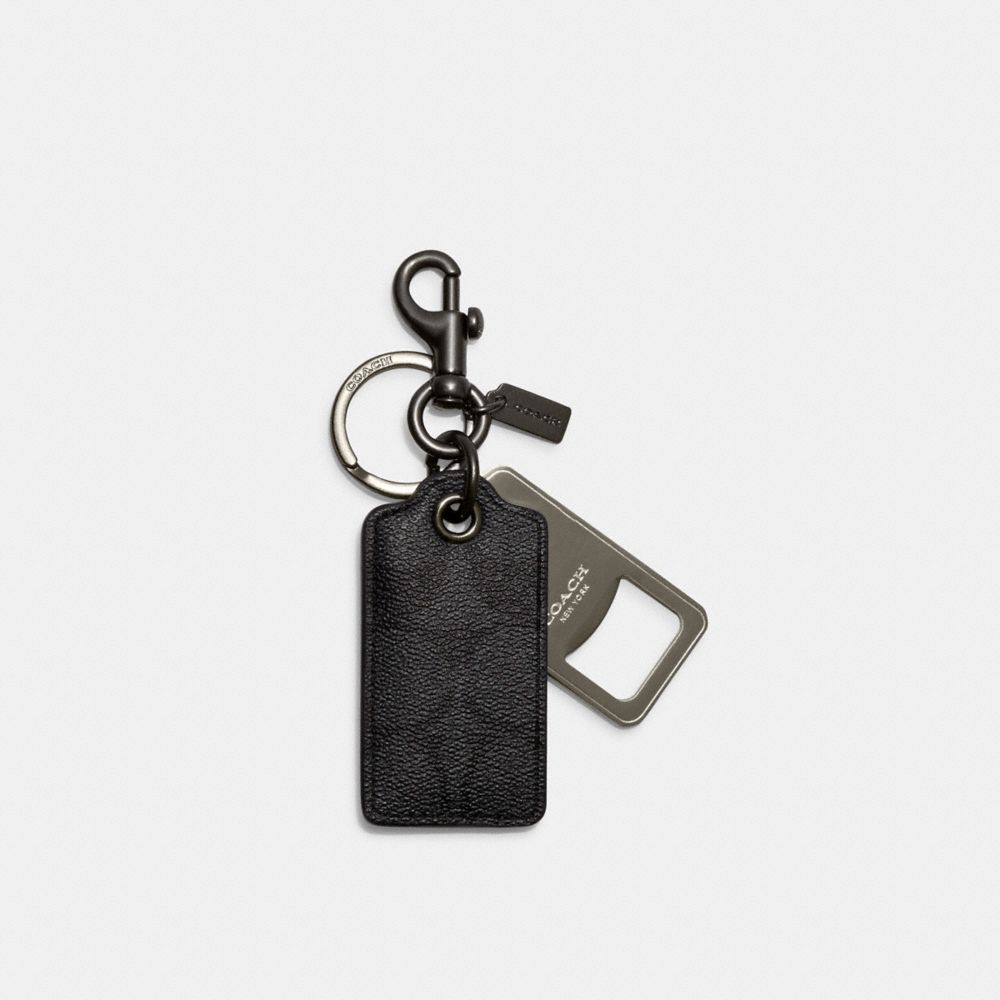 COACH®,BOTTLE OPENER KEY FOB IN SIGNATURE CANVAS,Gunmetal/Charcoal,Front View