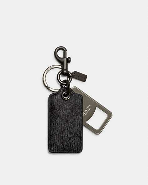 COACH®,BOTTLE OPENER KEY FOB IN SIGNATURE CANVAS,Signature Coated Canvas,Gunmetal/Charcoal,Front View