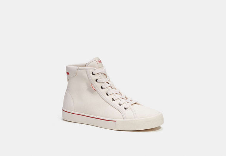 COACH®,SKATE HIGH TOP SNEAKER,Canvas and leather upper,Chalk Sport Red,Front View