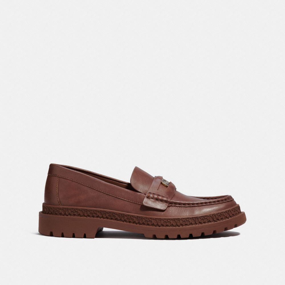 COACH®,LOAFER WITH SIGNATURE COIN,Leather,Saddle,Angle View