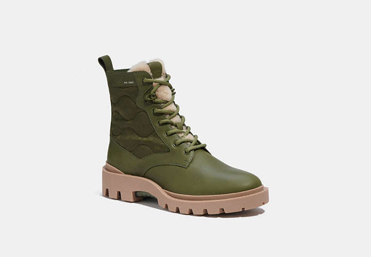 COACH®,CITYSOLE LACE UP BOOT WITH SHEARLING AND RECYCLED POLYESTER,Leather,Cactus,Front View