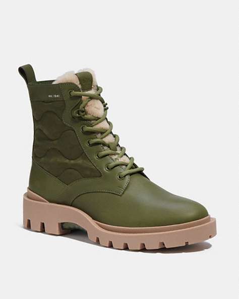 COACH®,CITYSOLE LACE UP BOOT WITH SHEARLING AND RECYCLED POLYESTER,Leather,Cactus,Front View